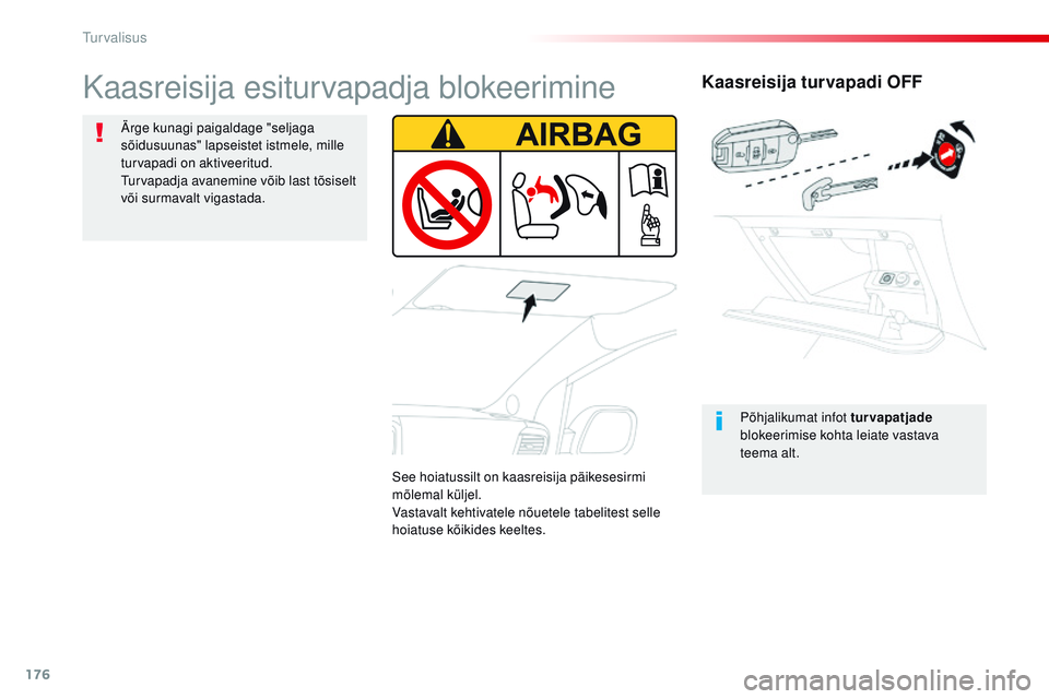 CITROEN JUMPER SPACETOURER 2017 Kasutusjuhend (in Estonian) 176
Spacetourer-VP_et_Chap05_securite_ed01-2016
Kaasreisija turvapadi OFF
Põhjalikumat infot turvapatjade
blokeerimise kohta leiate vastava
teema alt.
Kaasreisija esiturvapadja blokeerimine
Ärge CITROEN JUMPER SPACETOURER 2017 Kasutusjuhend (in Estonian) 176
Spacetourer-VP_et_Chap05_securite_ed01-2016
Kaasreisija turvapadi OFF
Põhjalikumat infot turvapatjade
blokeerimise kohta leiate vastava
teema alt.
Kaasreisija esiturvapadja blokeerimine
Ärge