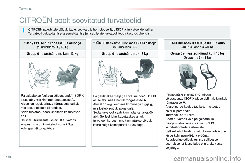 CITROEN JUMPER SPACETOURER 2017 Kasutusjuhend (in Estonian) 184
Spacetourer-VP_et_Chap05_securite_ed01-2016
Citroën poolt soovitatud turvatoolid
Citroën pakub teie sõiduki jaoks sobivaid ja homologeeritud iSoFiX t urvatoolide valikut.tu
rvatooli paigaldami CITROEN JUMPER SPACETOURER 2017 Kasutusjuhend (in Estonian) 184
Spacetourer-VP_et_Chap05_securite_ed01-2016
Citroën poolt soovitatud turvatoolid
Citroën pakub teie sõiduki jaoks sobivaid ja homologeeritud iSoFiX t urvatoolide valikut.tu
rvatooli paigaldami