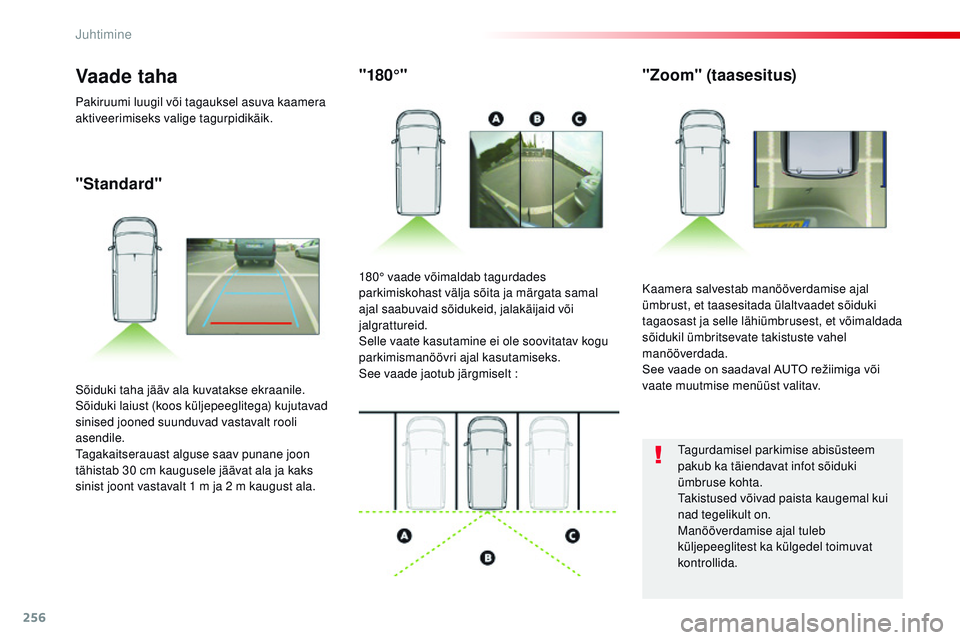 CITROEN JUMPER SPACETOURER 2017 Kasutusjuhend (in Estonian) 256
Spacetourer-VP_et_Chap06_conduite_ed01-2016
"Standard""180°"
"Zoom" (taasesitus)
Kaamera salvestab manööverdamise ajal
ümbrust, et taasesitada ülaltvaadet sõiduki
t CITROEN JUMPER SPACETOURER 2017 Kasutusjuhend (in Estonian) 256
Spacetourer-VP_et_Chap06_conduite_ed01-2016
"Standard""180°"
"Zoom" (taasesitus)
Kaamera salvestab manööverdamise ajal
ümbrust, et taasesitada ülaltvaadet sõiduki
t