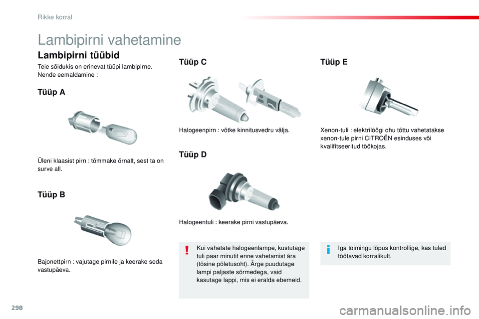 CITROEN JUMPER SPACETOURER 2017 Kasutusjuhend (in Estonian) 298
Spacetourer-VP_et_Chap08_En-cas-de-panne_ed01-2016
Lambipirni vahetamine
Halogeentuli : keerake pirni vastupäeva.
Tüüp A
Bajonettpirn : vajutage pirnile ja keerake seda
va stupäeva.
Tüüp B CITROEN JUMPER SPACETOURER 2017 Kasutusjuhend (in Estonian) 298
Spacetourer-VP_et_Chap08_En-cas-de-panne_ed01-2016
Lambipirni vahetamine
Halogeentuli : keerake pirni vastupäeva.
Tüüp A
Bajonettpirn : vajutage pirnile ja keerake seda
va stupäeva.
Tüüp B