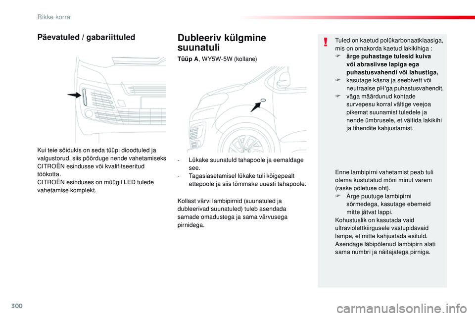 CITROEN JUMPER SPACETOURER 2017 Kasutusjuhend (in Estonian) 300
Spacetourer-VP_et_Chap08_En-cas-de-panne_ed01-2016
Dubleeriv külgmine
suunatuli
Tüüp A, W Y5W-5W (kollane)
Päevatuled / gabariittuled
Kui teie sõidukis on seda tüüpi dioodtuled ja
valgust CITROEN JUMPER SPACETOURER 2017 Kasutusjuhend (in Estonian) 300
Spacetourer-VP_et_Chap08_En-cas-de-panne_ed01-2016
Dubleeriv külgmine
suunatuli
Tüüp A, W Y5W-5W (kollane)
Päevatuled / gabariittuled
Kui teie sõidukis on seda tüüpi dioodtuled ja
valgust