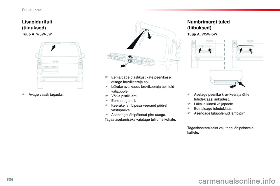 CITROEN JUMPER SPACETOURER 2017 Kasutusjuhend (in Estonian) 306
Spacetourer-VP_et_Chap08_En-cas-de-panne_ed01-2016
Numbrimärgi tuled
(tiibuksed)
Tüüp A, W5W-5W
F
E
emaldage plastikust kate peenikese
otsaga kruvikeeraja abil.
F
L
ükake ava kaudu kruv CITROEN JUMPER SPACETOURER 2017 Kasutusjuhend (in Estonian) 306
Spacetourer-VP_et_Chap08_En-cas-de-panne_ed01-2016
Numbrimärgi tuled
(tiibuksed)
Tüüp A, W5W-5W
F
E
emaldage plastikust kate peenikese
otsaga kruvikeeraja abil.
F
L
ükake ava kaudu kruv