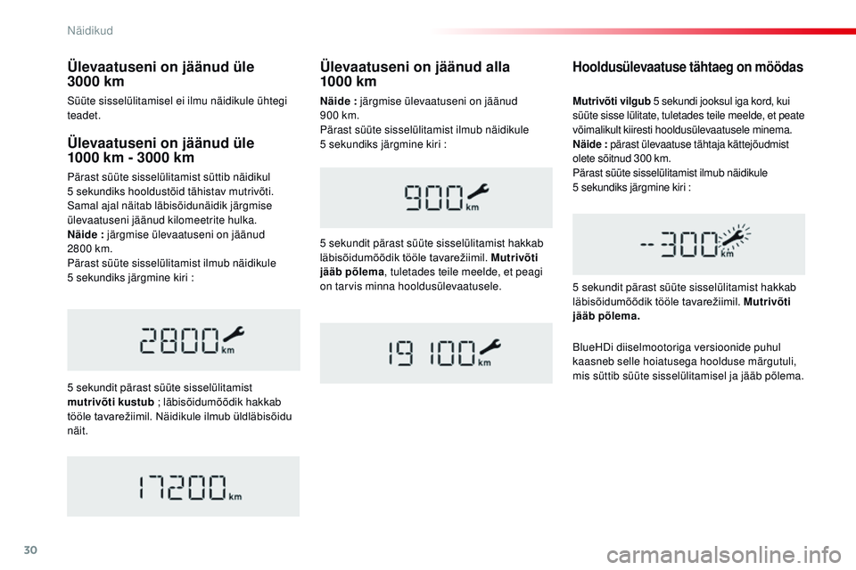 CITROEN JUMPER SPACETOURER 2017  Kasutusjuhend (in Estonian) 30
Ülevaatuseni on jäänud üle  
1000 km - 3000 km
Pärast süüte sisselülitamist süttib näidikul 
5 sekundiks hooldustöid tähistav mutrivõti. 
Samal ajal näitab läbisõidunäidik järgmis