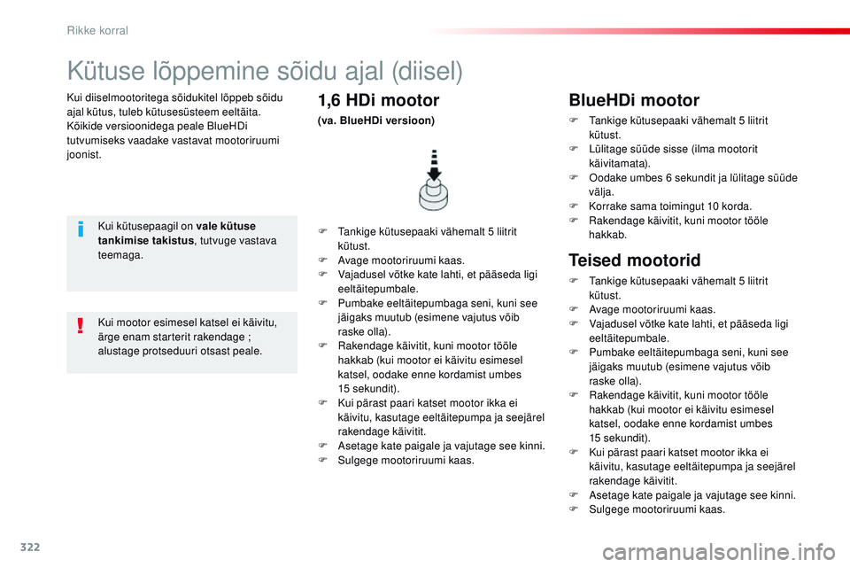 CITROEN JUMPER SPACETOURER 2017 Kasutusjuhend (in Estonian) 322
Spacetourer-VP_et_Chap08_En-cas-de-panne_ed01-2016
Kui diiselmootoritega sõidukitel lõppeb sõidu
ajal kütus, tuleb kütusesüsteem eeltäita.
Kõikide versioonidega peale BlueHDi
tutvumiseks CITROEN JUMPER SPACETOURER 2017 Kasutusjuhend (in Estonian) 322
Spacetourer-VP_et_Chap08_En-cas-de-panne_ed01-2016
Kui diiselmootoritega sõidukitel lõppeb sõidu
ajal kütus, tuleb kütusesüsteem eeltäita.
Kõikide versioonidega peale BlueHDi
tutvumiseks