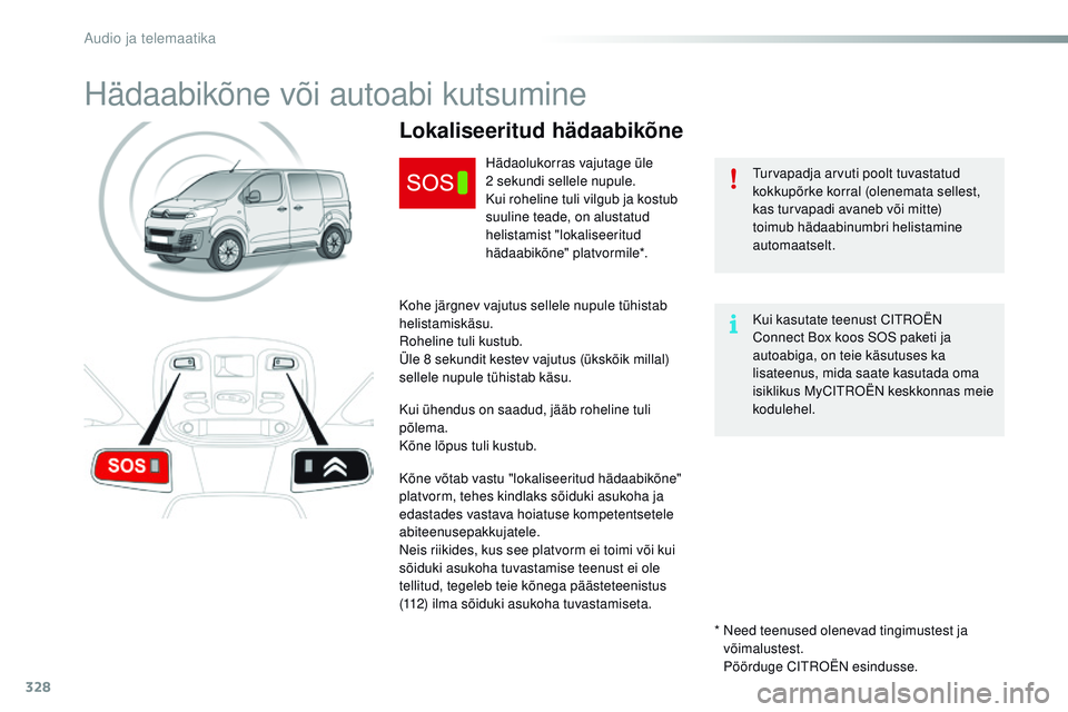 CITROEN JUMPER SPACETOURER 2017 Kasutusjuhend (in Estonian) 328
Spacetourer-VP_et_Chap10a_BtA_ed01-2016
Hädaabikõne või autoabi kutsumine
turvapadja arvuti poolt tuvastatud
kokkupõrke korral (olenemata sellest,
kas turvapadi avaneb või mitte)
toimub hà CITROEN JUMPER SPACETOURER 2017 Kasutusjuhend (in Estonian) 328
Spacetourer-VP_et_Chap10a_BtA_ed01-2016
Hädaabikõne või autoabi kutsumine
turvapadja arvuti poolt tuvastatud
kokkupõrke korral (olenemata sellest,
kas turvapadi avaneb või mitte)
toimub hÃ