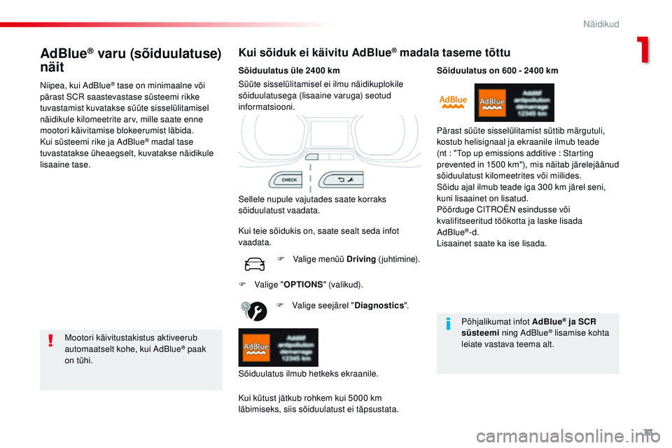 CITROEN JUMPER SPACETOURER 2017  Kasutusjuhend (in Estonian) 33
Spacetourer-VP_et_Chap01_instruments-de-bord_ed01-2016
AdBlue® varu (sõiduulatuse) 
näit
niipea, kui AdBlue® tase on minimaalne või 
pärast SCr
 saastevastase süsteemi rikke 
tuvastamist kuv