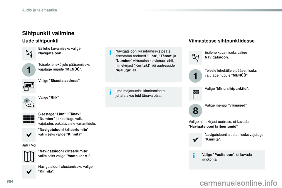 CITROEN JUMPER SPACETOURER 2017 Kasutusjuhend (in Estonian) 354
1
1
8
Spacetourer-VP_et_Chap10b_nAC-1_ed01-2016
Sihtpunkti valimine
Valige " Sisesta aadress ".
" Navigatsiooni kriteeriumite "
valimiseks valige " Vaata kaarti".
Valige & CITROEN JUMPER SPACETOURER 2017 Kasutusjuhend (in Estonian) 354
1
1
8
Spacetourer-VP_et_Chap10b_nAC-1_ed01-2016
Sihtpunkti valimine
Valige " Sisesta aadress ".
" Navigatsiooni kriteeriumite "
valimiseks valige " Vaata kaarti".
Valige &