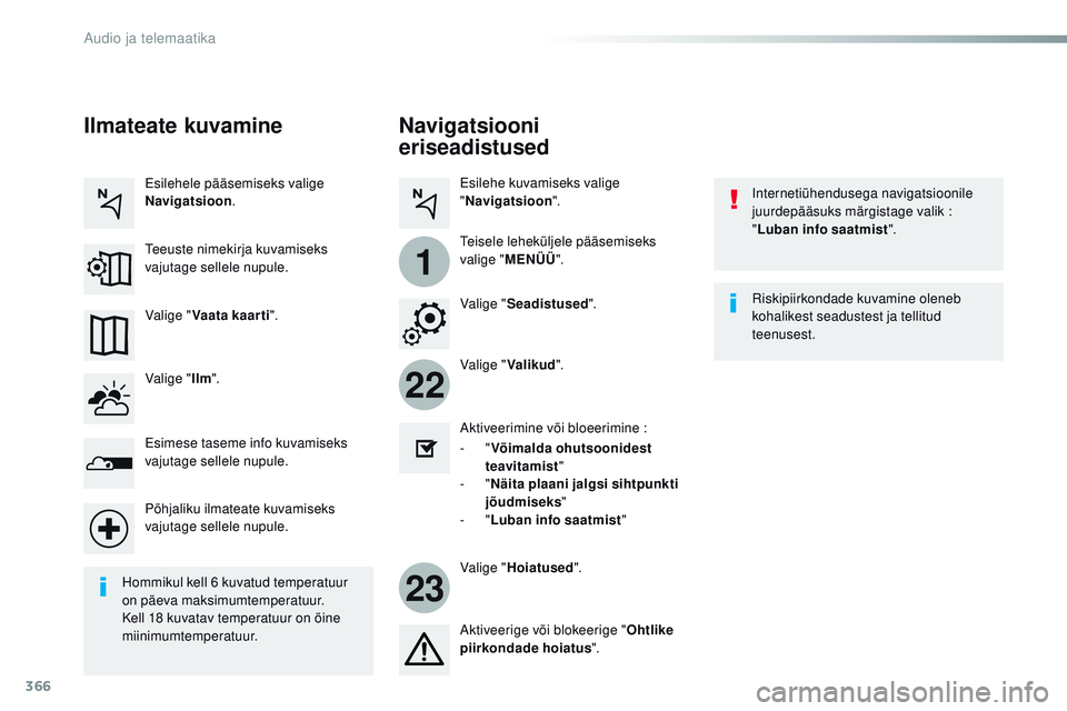 CITROEN JUMPER SPACETOURER 2017 Kasutusjuhend (in Estonian) 366
22
23
1
Spacetourer-VP_et_Chap10b_nAC-1_ed01-2016
Navigatsiooni
eriseadistused
internetiühendusega navigatsioonile
juurdepääsuks märgistage valik :
"Luban info saatmist ".
Valige CITROEN JUMPER SPACETOURER 2017 Kasutusjuhend (in Estonian) 366
22
23
1
Spacetourer-VP_et_Chap10b_nAC-1_ed01-2016
Navigatsiooni
eriseadistused
internetiühendusega navigatsioonile
juurdepääsuks märgistage valik :
"Luban info saatmist ".
Valige