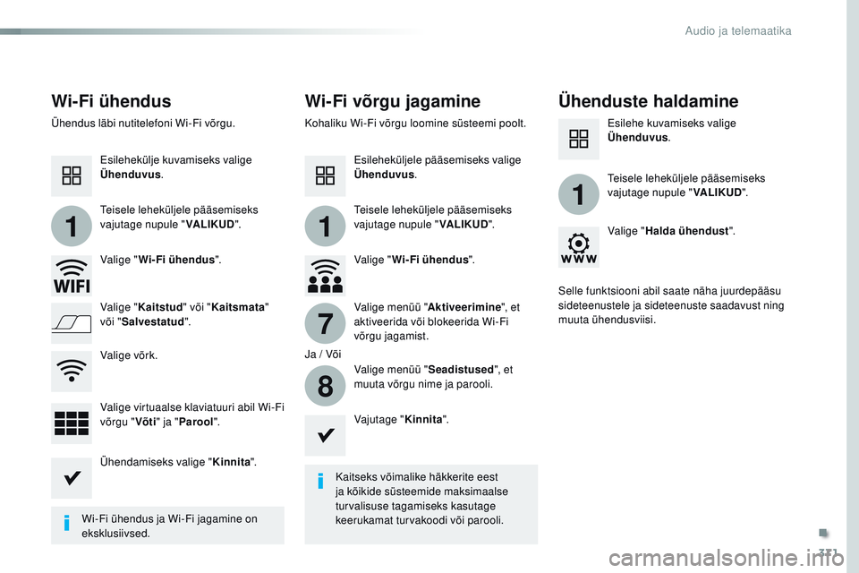 CITROEN JUMPER SPACETOURER 2017 Kasutusjuhend (in Estonian) 371
11
1
7
8
Spacetourer-VP_et_Chap10b_nAC-1_ed01-2016
Wi-Fi ühendus Wi-Fi võrgu jagamineÜhenduste haldamine
Kaitseks võimalike häkkerite eest
ja kõikide süsteemide maksimaalse
turvalisuse ta CITROEN JUMPER SPACETOURER 2017 Kasutusjuhend (in Estonian) 371
11
1
7
8
Spacetourer-VP_et_Chap10b_nAC-1_ed01-2016
Wi-Fi ühendus Wi-Fi võrgu jagamineÜhenduste haldamine
Kaitseks võimalike häkkerite eest
ja kõikide süsteemide maksimaalse
turvalisuse ta