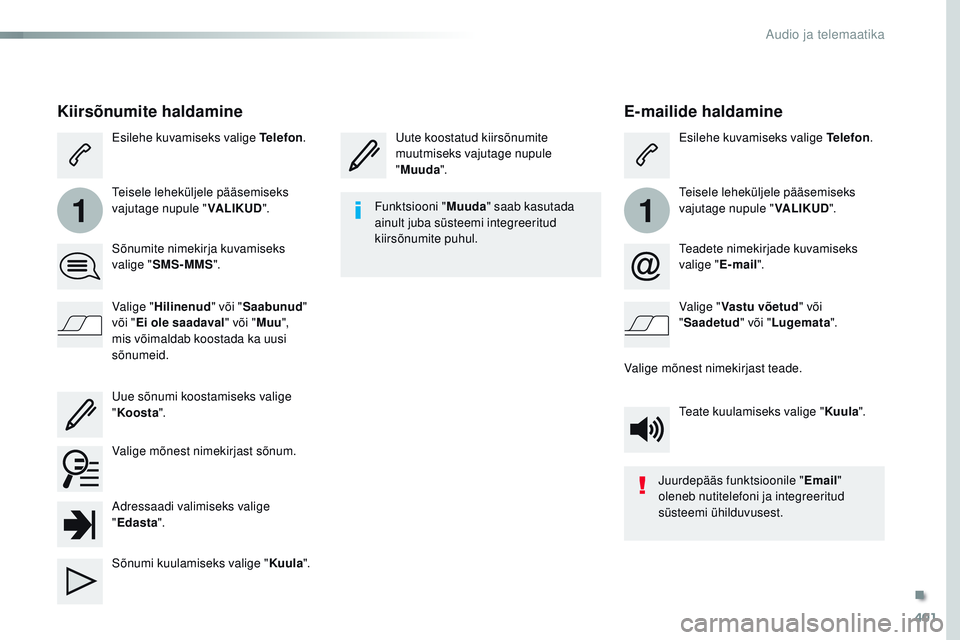 CITROEN JUMPER SPACETOURER 2017  Kasutusjuhend (in Estonian) 401
11
Spacetourer-VP_et_Chap10b_nAC-1_ed01-2016
E-mailide haldamine
Uute koostatud kiirsõnumite 
muutmiseks vajutage nupule 
"Muuda ". Esilehe kuvamiseks valige Telefon
.
tei

sele lehekülj