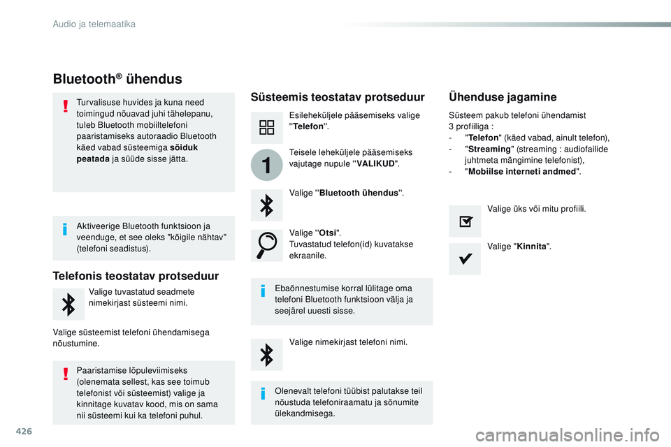 CITROEN JUMPER SPACETOURER 2017  Kasutusjuhend (in Estonian) 426
1
Spacetourer-VP_et_Chap10c_rCC-1_ed01-2016
Bluetooth® ühendus
Süsteemis teostatav protseduur Ühenduse jagamine
Esileheküljele pääsemiseks valige 
''Telefon ' '.
Valige '