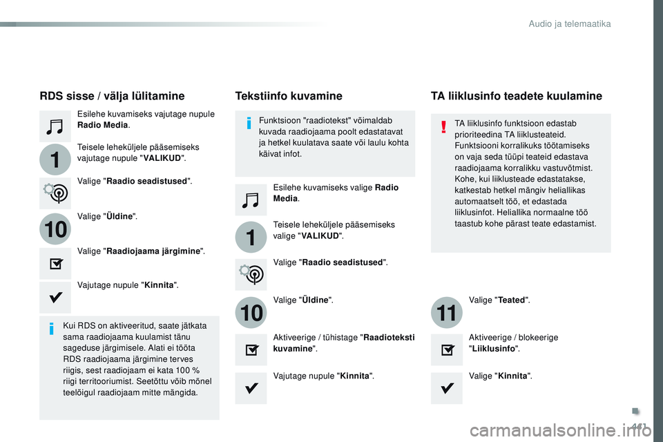 CITROEN JUMPER SPACETOURER 2017  Kasutusjuhend (in Estonian) 441
1
110
1011
Spacetourer-VP_et_Chap10c_rCC-1_ed01-2016
Esilehe kuvamiseks vajutage nupule 
Radio Media .
Esilehe kuvamiseks valige Radio 
Media.
tei

sele leheküljele pääsemiseks 
vajutage nupule