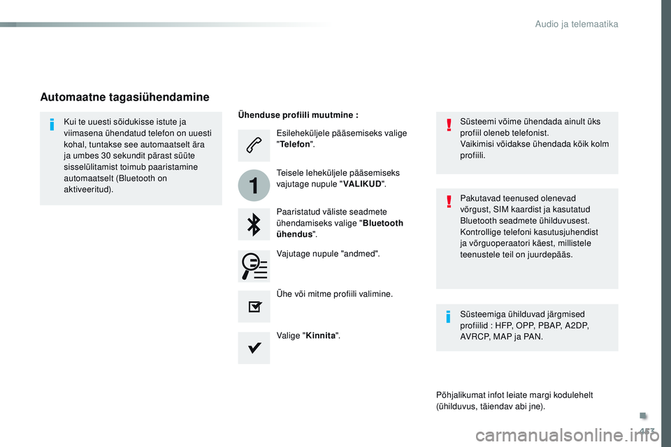 CITROEN JUMPER SPACETOURER 2017  Kasutusjuhend (in Estonian) 453
1
Spacetourer-VP_et_Chap10c_rCC-1_ed01-2016
Esileheküljele pääsemiseks valige 
"Telefon ".
Paaristatud väliste seadmete 
ühendamiseks valige " Bluetooth 
ühendus ".
Kui te uu