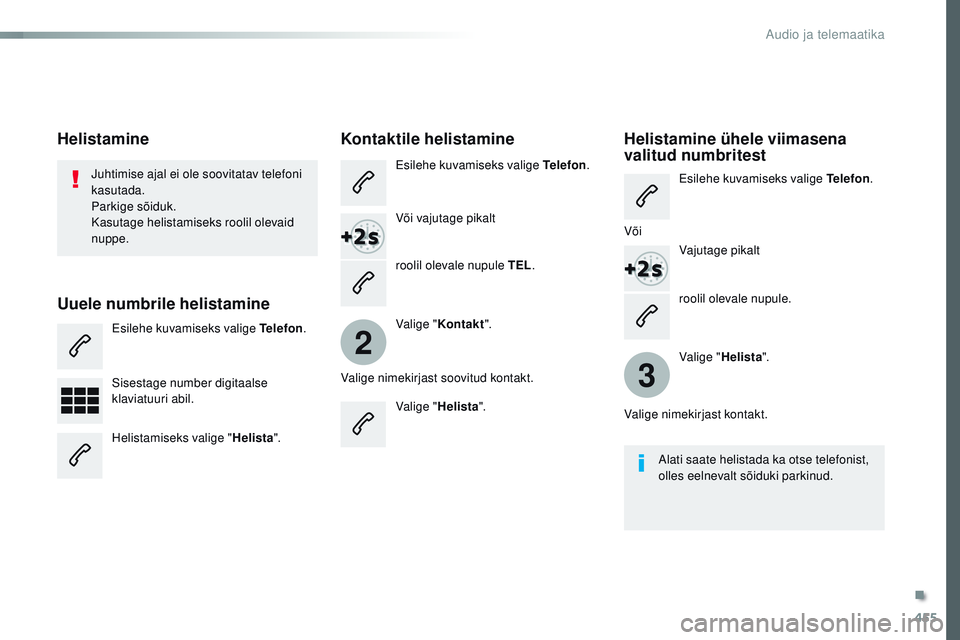 CITROEN JUMPER SPACETOURER 2017  Kasutusjuhend (in Estonian) 455
2
3
Spacetourer-VP_et_Chap10c_rCC-1_ed01-2016
roolil olevale nupule.
Juhtimise ajal ei ole soovitatav telefoni 
kasutada.
Parkige sõiduk.
Kasutage helistamiseks roolil olevaid 
nuppe.
Helistamine