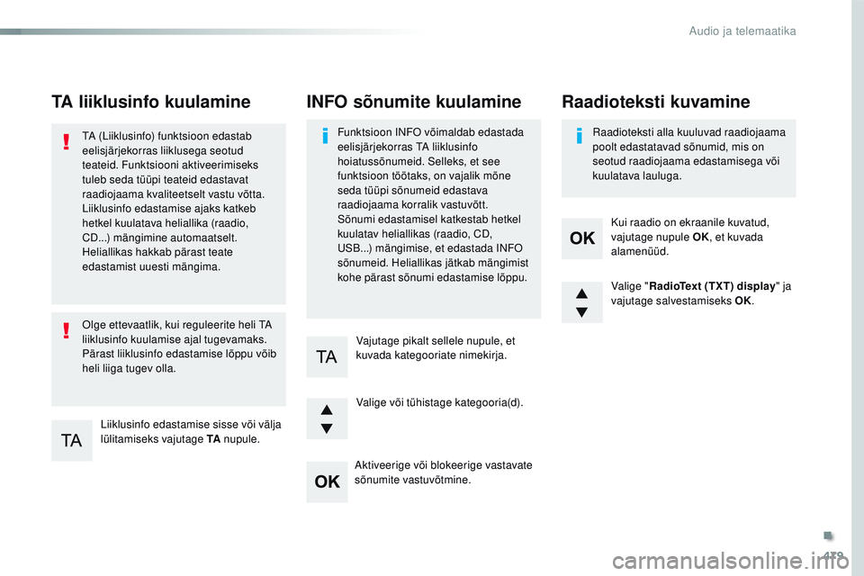 CITROEN JUMPER SPACETOURER 2017  Kasutusjuhend (in Estonian) 479
Spacetourer-VP_et_Chap10d_rD6_ed01-2016
TA liiklusinfo kuulamine
Liiklusinfo edastamise sisse või välja 
lülitamiseks vajutage TA  nupule.
tA

 (Liiklusinfo) funktsioon edastab 
eelisjärjekorr