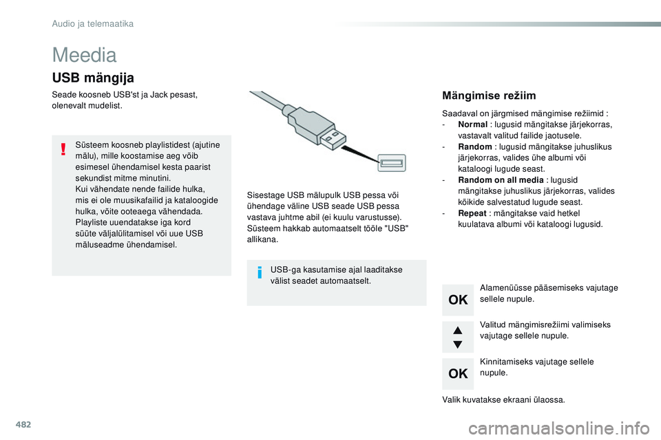 CITROEN JUMPER SPACETOURER 2017  Kasutusjuhend (in Estonian) 482
Meedia
USB mängija
Seade koosneb USB'st ja Jack pesast, 
olenevalt mudelist.Sisestage USB mälupulk USB pessa või 
ühendage väline USB seade USB pessa 
vastava juhtme abil (ei kuulu varust