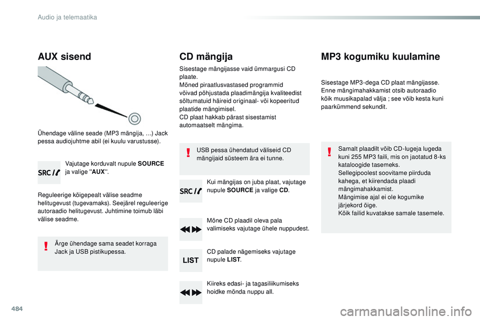 CITROEN JUMPER SPACETOURER 2017  Kasutusjuhend (in Estonian) 484
AUX sisend
Ühendage väline seade (MP3 mängija, …) Jack 
pessa audiojuhtme abil (ei kuulu varustusse).Vajutage korduvalt nupule SOURCE  
ja valige '' AUX' '.
re

guleerige kõi