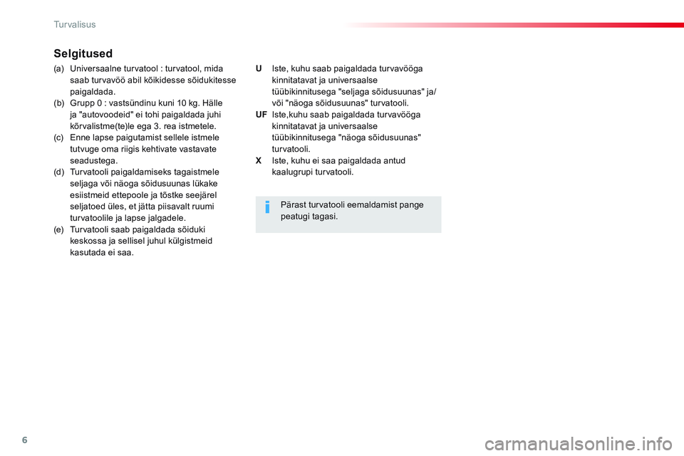 CITROEN JUMPER SPACETOURER 2017 Kasutusjuhend (in Estonian) 6
Tu r v a l i s u s
Selgitused
(a) Universaalne tur vatool : tur vatool, mida
saab tur vavöö abil kõikidesse sõidukitesse
paigaldada.
(b) Grupp 0 : vastsündinu kun CITROEN JUMPER SPACETOURER 2017 Kasutusjuhend (in Estonian) 6
Tu r v a l i s u s
Selgitused
(a) Universaalne tur vatool : tur vatool, mida
saab tur vavöö abil kõikidesse sõidukitesse
paigaldada.
(b) Grupp 0 : vastsündinu kun