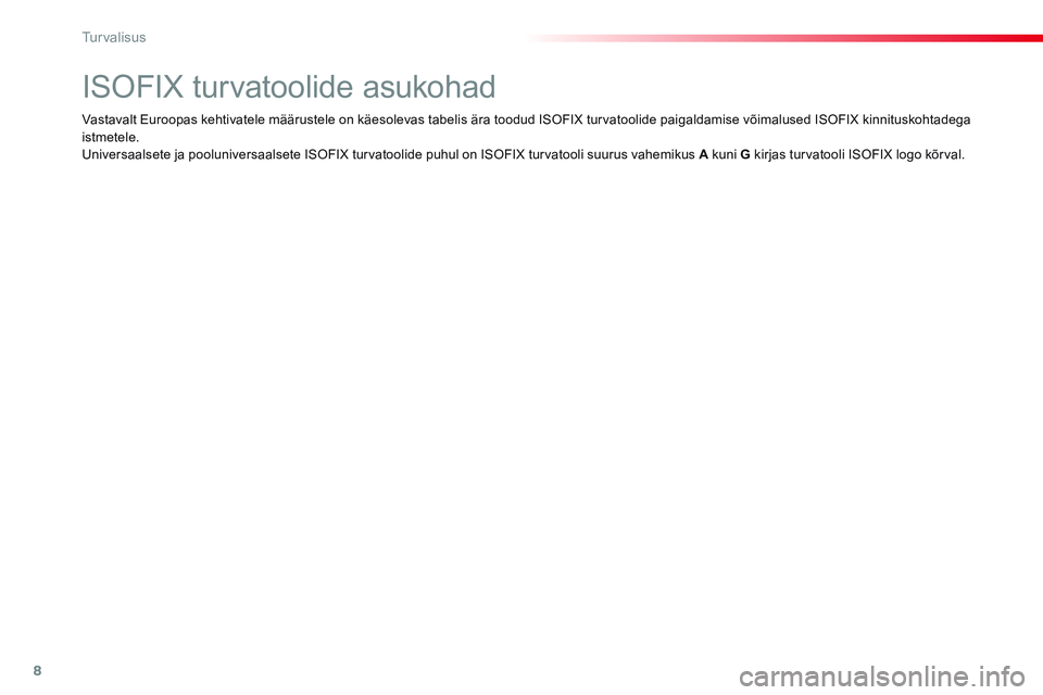 CITROEN JUMPER SPACETOURER 2017 Kasutusjuhend (in Estonian) 8
Tu r v a l i s u s
ISOFIX turvatoolide asukohad
Vastavalt Euroopas kehtivatele määrustele on käesolevas tabelis ära toodud ISOFIX tur vat CITROEN JUMPER SPACETOURER 2017 Kasutusjuhend (in Estonian) 8
Tu r v a l i s u s
ISOFIX turvatoolide asukohad
Vastavalt Euroopas kehtivatele määrustele on käesolevas tabelis ära toodud ISOFIX tur vat