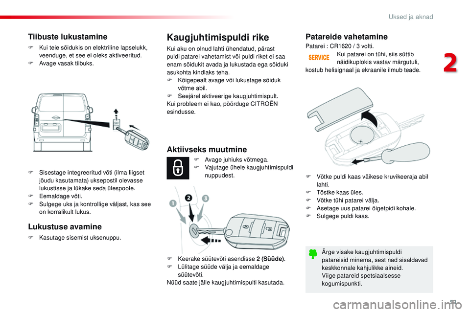 CITROEN JUMPER SPACETOURER 2017 Kasutusjuhend (in Estonian) 51
Spacetourer-VP_et_Chap02_ouvertures_ed01-2016
Patareide vahetamine
Ärge visake kaugjuhtimispuldi
patareisid minema, sest nad sisaldavad
keskkonnale kahjulikke aineid.
Viige patareid spetsiaalses CITROEN JUMPER SPACETOURER 2017 Kasutusjuhend (in Estonian) 51
Spacetourer-VP_et_Chap02_ouvertures_ed01-2016
Patareide vahetamine
Ärge visake kaugjuhtimispuldi
patareisid minema, sest nad sisaldavad
keskkonnale kahjulikke aineid.
Viige patareid spetsiaalses