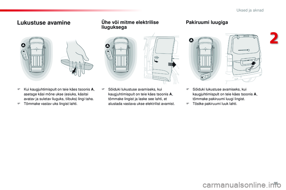 CITROEN JUMPER SPACETOURER 2017 Kasutusjuhend (in Estonian) 55
Spacetourer-VP_et_Chap02_ouvertures_ed01-2016
Lukustuse avamine
F Kui kaugjuhtimispult on teie käes tsoonis A,
asetage käsi mõne ukse (esiuks, käsitsi
avatav ja suletav liuguks, tiibuks) lin CITROEN JUMPER SPACETOURER 2017 Kasutusjuhend (in Estonian) 55
Spacetourer-VP_et_Chap02_ouvertures_ed01-2016
Lukustuse avamine
F Kui kaugjuhtimispult on teie käes tsoonis A,
asetage käsi mõne ukse (esiuks, käsitsi
avatav ja suletav liuguks, tiibuks) lin