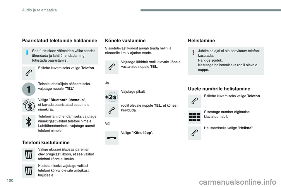 CITROEN JUMPER SPACETOURER 2017  Kasutusjuhend (in Estonian) 130
1
Transversal-Citroen_et_Chap02_RCC-2-2-0_ed01-2016
Kõnele vastamine
Sissetulevast kõnest annab teada helin ja 
ekraanile ilmuv ajutine teade.Vajutage lühidalt roolil olevale kõnele 
vastamise