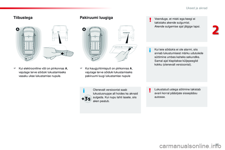 CITROEN JUMPER SPACETOURER 2017 Kasutusjuhend (in Estonian) 57
Spacetourer-VP_et_Chap02_ouvertures_ed01-2016
Veenduge, et miski ega keegi ei
takistaks akende sulgumist.
Akende sulgemise ajal jälgige lapsi.
ol
enevalt versioonist saab
lukustusnuppe all hoid CITROEN JUMPER SPACETOURER 2017 Kasutusjuhend (in Estonian) 57
Spacetourer-VP_et_Chap02_ouvertures_ed01-2016
Veenduge, et miski ega keegi ei
takistaks akende sulgumist.
Akende sulgemise ajal jälgige lapsi.
ol
enevalt versioonist saab
lukustusnuppe all hoid