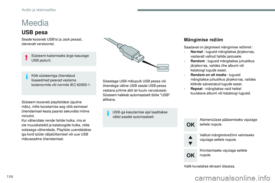CITROEN JUMPER SPACETOURER 2017 Kasutusjuhend (in Estonian) 156
Meedia
USB pesa
Seade koosneb USB'st ja Jack pesast,
olenevalt versioonist.Sisestage USB mälupulk USB pessa või
ühendage väline USB seade USB pessa
vastava juhtme abil (ei kuulu varustu CITROEN JUMPER SPACETOURER 2017 Kasutusjuhend (in Estonian) 156
Meedia
USB pesa
Seade koosneb USB'st ja Jack pesast,
olenevalt versioonist.Sisestage USB mälupulk USB pessa või
ühendage väline USB seade USB pessa
vastava juhtme abil (ei kuulu varustu