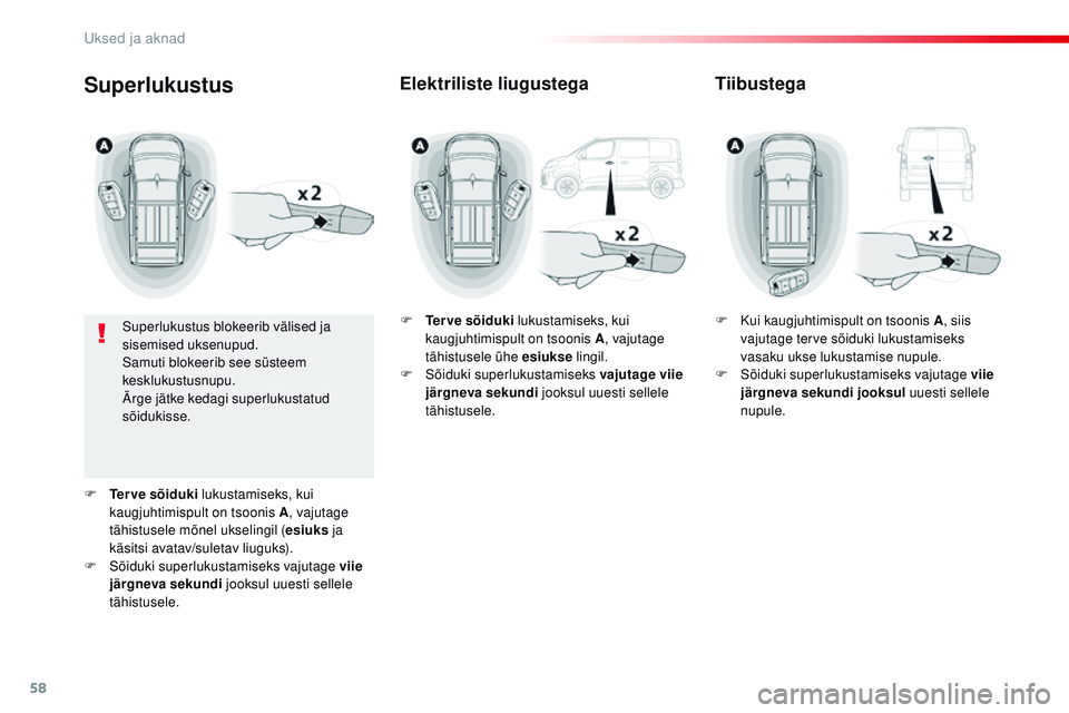 CITROEN JUMPER SPACETOURER 2017 Kasutusjuhend (in Estonian) 58
Spacetourer-VP_et_Chap02_ouvertures_ed01-2016
Superlukustus
Superlukustus blokeerib välised ja
sisemised uksenupud.
Samuti blokeerib see süsteem
kesklukustusnupu.
Ärge jätke kedagi superlukus CITROEN JUMPER SPACETOURER 2017 Kasutusjuhend (in Estonian) 58
Spacetourer-VP_et_Chap02_ouvertures_ed01-2016
Superlukustus
Superlukustus blokeerib välised ja
sisemised uksenupud.
Samuti blokeerib see süsteem
kesklukustusnupu.
Ärge jätke kedagi superlukus