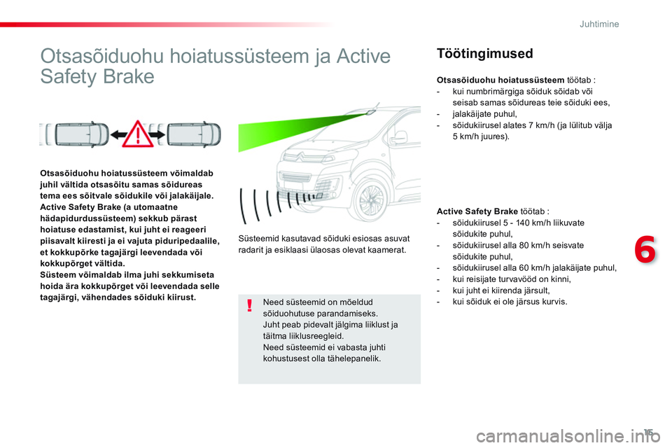 CITROEN JUMPER SPACETOURER 2017 Kasutusjuhend (in Estonian) 15
6
Juhtimine
Otsasõiduohu hoiatussüsteem ja Active
Safety Brake
Töötingimused
Active Safety Brake
töötab :
- sõidukiirusel 5 - 140 km/h liikuvate
sà CITROEN JUMPER SPACETOURER 2017 Kasutusjuhend (in Estonian) 15
6
Juhtimine
Otsasõiduohu hoiatussüsteem ja Active
Safety Brake
Töötingimused
Active Safety Brake
töötab :
- sõidukiirusel 5 - 140 km/h liikuvate
sÃ