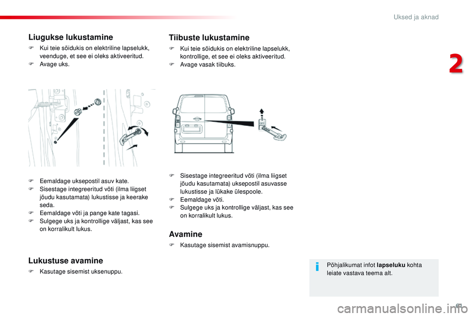 CITROEN JUMPER SPACETOURER 2017 Kasutusjuhend (in Estonian) 61
Spacetourer-VP_et_Chap02_ouvertures_ed01-2016
Põhjalikumat infot lapseluku kohta
leiate vastava teema alt.
Liugukse lukustamine
F Kui teie sõidukis on elektriline lapselukk, veenduge, et see ei CITROEN JUMPER SPACETOURER 2017 Kasutusjuhend (in Estonian) 61
Spacetourer-VP_et_Chap02_ouvertures_ed01-2016
Põhjalikumat infot lapseluku kohta
leiate vastava teema alt.
Liugukse lukustamine
F Kui teie sõidukis on elektriline lapselukk, veenduge, et see ei
