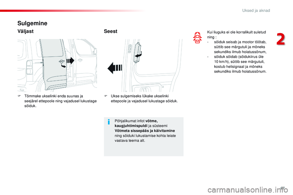 CITROEN JUMPER SPACETOURER 2017 Kasutusjuhend (in Estonian) 67
Spacetourer-VP_et_Chap02_ouvertures_ed01-2016
Kui liuguks ei ole korralikult suletud
ning :
-
s
õiduk seisab ja mootor töötab,
süttib see märgutuli ja mõneks
sekundiks ilmub hoiatussõ CITROEN JUMPER SPACETOURER 2017 Kasutusjuhend (in Estonian) 67
Spacetourer-VP_et_Chap02_ouvertures_ed01-2016
Kui liuguks ei ole korralikult suletud
ning :
-
s
õiduk seisab ja mootor töötab,
süttib see märgutuli ja mõneks
sekundiks ilmub hoiatussõ