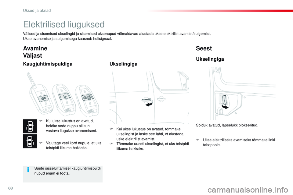 CITROEN JUMPER SPACETOURER 2017 Kasutusjuhend (in Estonian) 68
Spacetourer-VP_et_Chap02_ouvertures_ed01-2016
Elektrilised liuguksed
Välised ja sisemised ukselingid ja sisemised uksenupud võimaldavad alustada ukse elektrilist avamist/sulgemist.
Ukse avanemise CITROEN JUMPER SPACETOURER 2017 Kasutusjuhend (in Estonian) 68
Spacetourer-VP_et_Chap02_ouvertures_ed01-2016
Elektrilised liuguksed
Välised ja sisemised ukselingid ja sisemised uksenupud võimaldavad alustada ukse elektrilist avamist/sulgemist.
Ukse avanemise