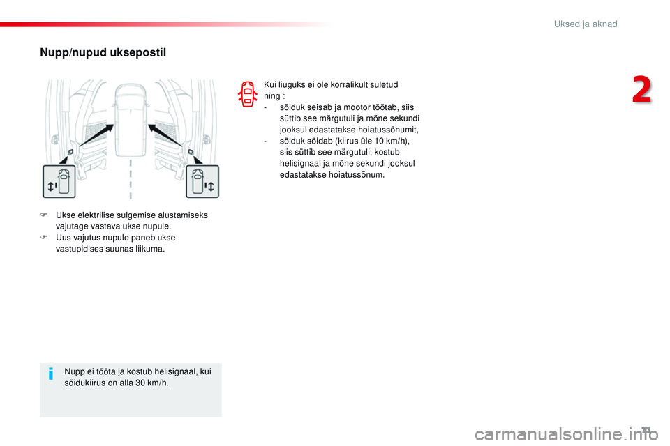 CITROEN JUMPER SPACETOURER 2017 Kasutusjuhend (in Estonian) 71
Spacetourer-VP_et_Chap02_ouvertures_ed01-2016
F Ukse elektrilise sulgemise alustamiseks vajutage vastava ukse nupule.
F
U
us vajutus nupule paneb ukse
vastupidises suunas liikuma.
Nupp/nupud uk CITROEN JUMPER SPACETOURER 2017 Kasutusjuhend (in Estonian) 71
Spacetourer-VP_et_Chap02_ouvertures_ed01-2016
F Ukse elektrilise sulgemise alustamiseks vajutage vastava ukse nupule.
F
U
us vajutus nupule paneb ukse
vastupidises suunas liikuma.
Nupp/nupud uk