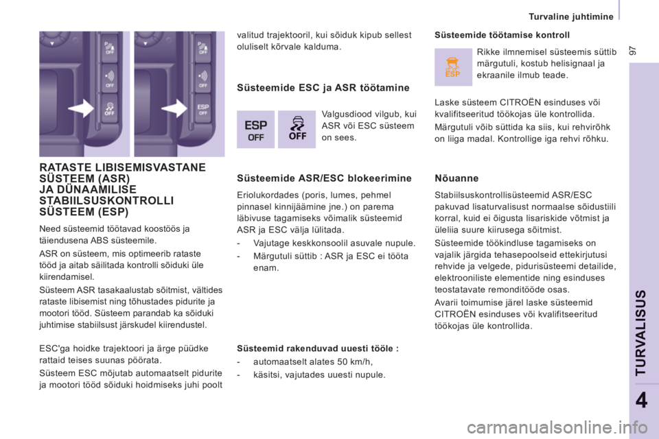 CITROEN JUMPER MULTISPACE 2014  Kasutusjuhend (in Estonian) ESP
OFF
 97
Turvaline juhtimine  
 
TURVALI
SUS
4
 
RATASTE LIBISEMISVASTANE 
SÜSTEEM (ASR)JA DÜNAAMILISE ()
STABIILSUSKONTROLLI
SÜSTEEM (ESP)
  Need süsteemid töötavad koostöös ja 
täienduse