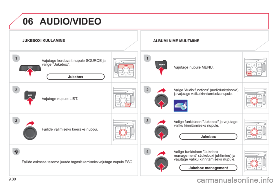 CITROEN JUMPER MULTISPACE 2013 Kasutusjuhend (in Estonian) 9.30
06
1
2
3
4
1
2
3
AUDIO/VIDEO
Valige Audio functions (audiofunktsioonid) ja vajutage valiku kinnitamiseks nupule.
Vajutage nupule MENU.
ALBUMI NIME MUUTMINE
Vali
ge funktsioon Jukebo CITROEN JUMPER MULTISPACE 2013 Kasutusjuhend (in Estonian) 9.30
06
1
2
3
4
1
2
3
AUDIO/VIDEO
Valige Audio functions (audiofunktsioonid) ja vajutage valiku kinnitamiseks nupule.
Vajutage nupule MENU.
ALBUMI NIME MUUTMINE
Vali
ge funktsioon Jukebo