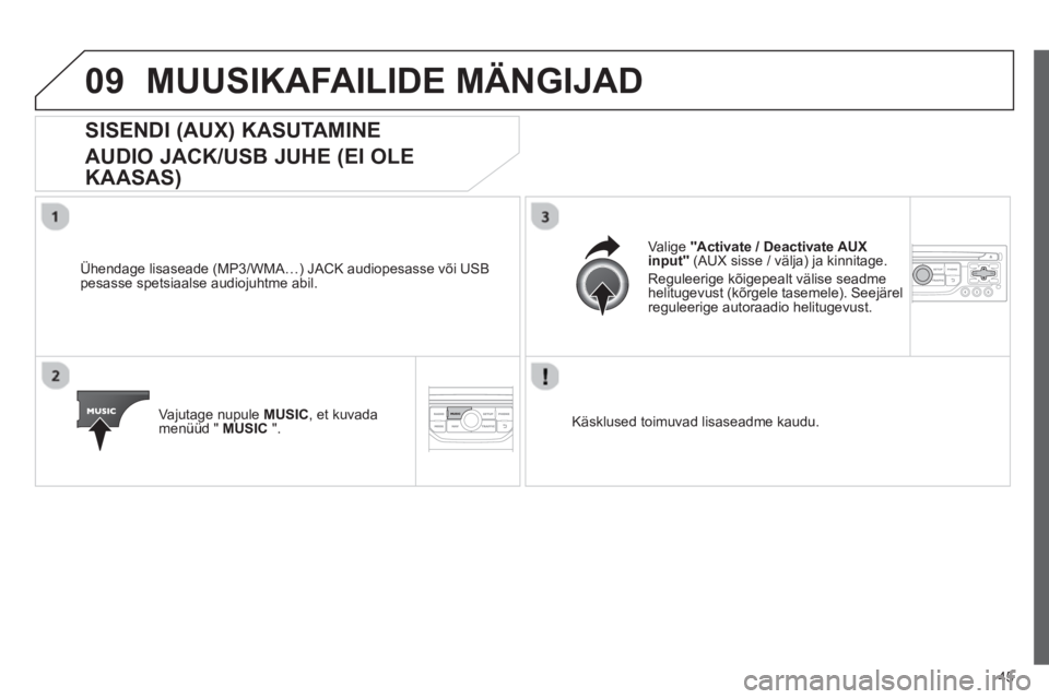 CITROEN JUMPER MULTISPACE 2013 Kasutusjuhend (in Estonian) 45
09MUUSIKAFAILIDE MÄNGIJAD
SISENDI (AUX) KASUTAMINE
AUDIO JACK/USB JUHE
(EI OLE
KAASAS)
Ühendage lisaseade (MP3/WMA…) JACK audiopesasse või USB pesasse spetsiaalse audiojuhtme abil.
Va
CITROEN JUMPER MULTISPACE 2013 Kasutusjuhend (in Estonian) 45
09MUUSIKAFAILIDE MÄNGIJAD
SISENDI (AUX) KASUTAMINE
AUDIO JACK/USB JUHE
(EI OLE
KAASAS)
Ühendage lisaseade (MP3/WMA…) JACK audiopesasse või USB pesasse spetsiaalse audiojuhtme abil.
Va