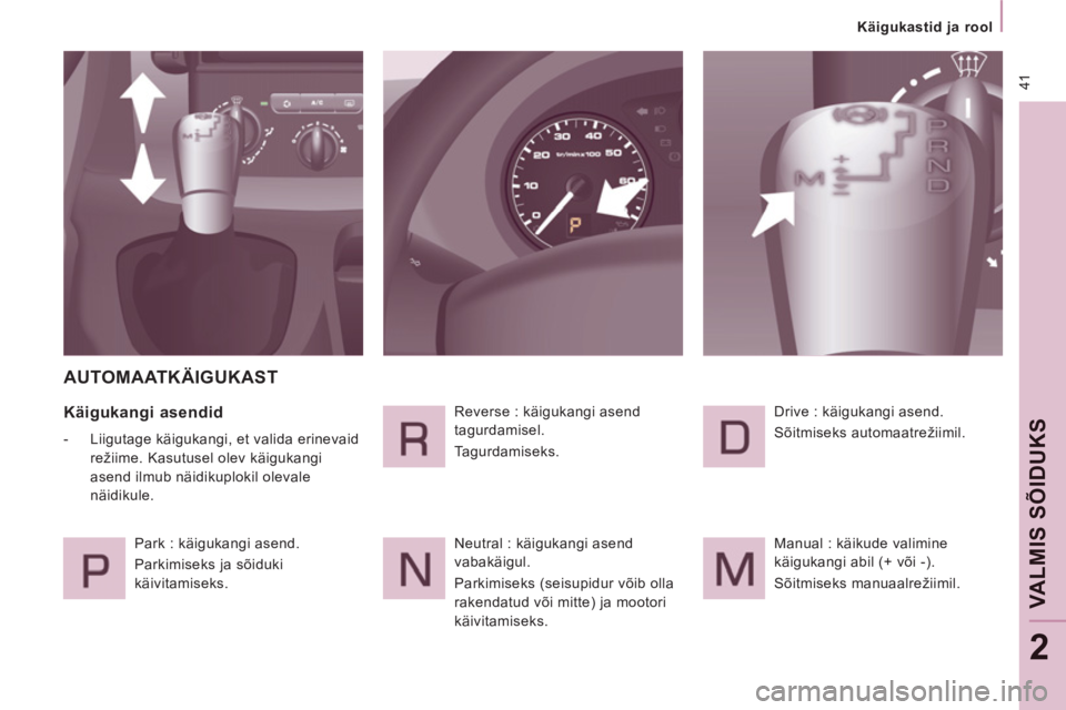 CITROEN JUMPER MULTISPACE 2013 Kasutusjuhend (in Estonian) 41
Käigukastid ja rool
VALMIS SÕIDUK
S
2
AUTOMAATKÄIGUKAST
Käigukangi asendid
- Liigutage käigukangi, et valida erinevaid
režiime. Kasutusel olev käigukangi
asend il CITROEN JUMPER MULTISPACE 2013 Kasutusjuhend (in Estonian) 41
Käigukastid ja rool
VALMIS SÕIDUK
S
2
AUTOMAATKÄIGUKAST
Käigukangi asendid
- Liigutage käigukangi, et valida erinevaid
režiime. Kasutusel olev käigukangi
asend il
