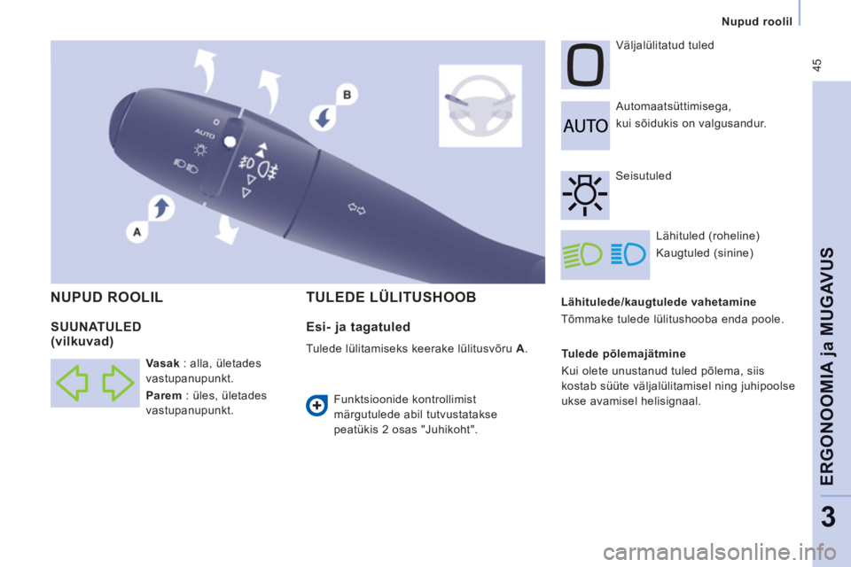 CITROEN JUMPER MULTISPACE 2013 Kasutusjuhend (in Estonian) 45
Nupud roolil
ERGONOOMIA
ja MUGAVU
S
3
Lähitulede/kaugtulede vahetamine
Tõmmake tulede lülitushooba enda poole. Automaatsüttimisega,
kui sõidukis on valgusandur. V CITROEN JUMPER MULTISPACE 2013 Kasutusjuhend (in Estonian) 45
Nupud roolil
ERGONOOMIA
ja MUGAVU
S
3
Lähitulede/kaugtulede vahetamine
Tõmmake tulede lülitushooba enda poole. Automaatsüttimisega,
kui sõidukis on valgusandur. V