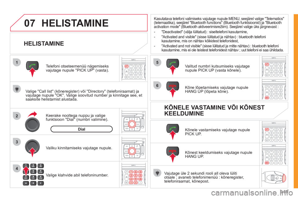 CITROEN JUMPER MULTISPACE 2012  Kasutusjuhend (in Estonian) 9.35
07
1
2
4
3
6
5
HELISTAMINE 
   
HELISTAMINE 
 
 
Valige Call list (kõneregister) või Directory (telefoniraamat) ja 
vajutage nupule OK. Valige soovitud number ja kinnitage see, et s