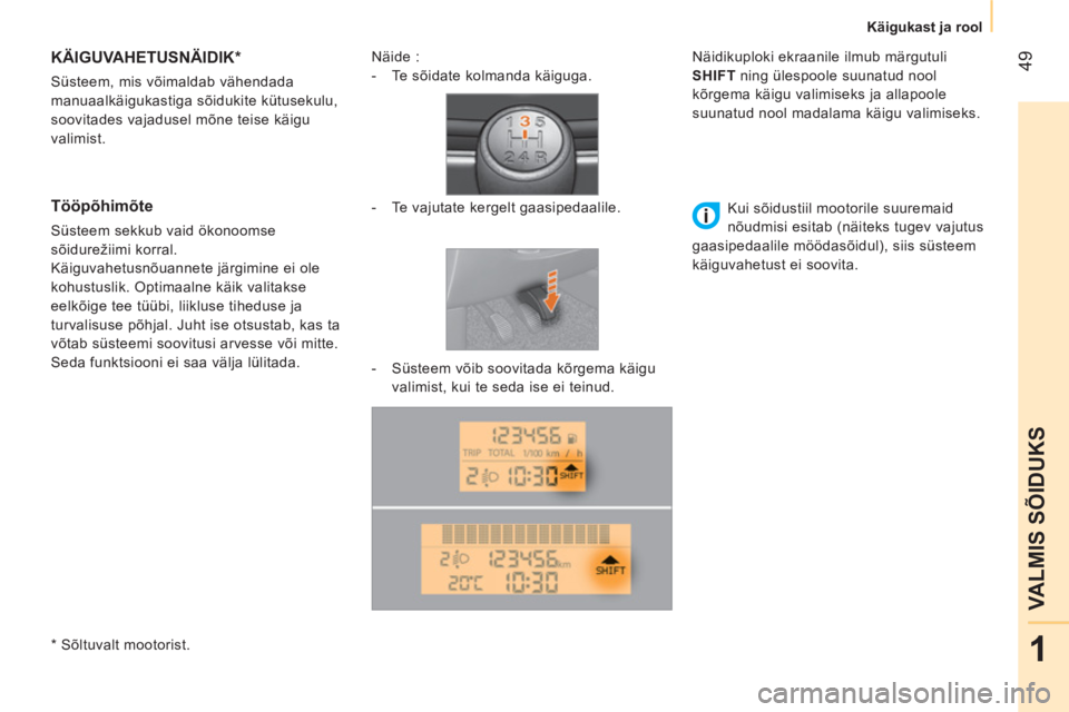CITROEN NEMO 2013  Kasutusjuhend (in Estonian)  49
1
VALMIS SÕIDUKS
 
 
 
Käigukast ja rool  
 
 
 
 
 
 
 
 
 
 
 
 
 
KÄIGUVAHETUSNÄIDIK *  
 
Süsteem, mis võimaldab vähendada 
manuaalkäigukastiga sõidukite kütusekulu, 
soovitades vaja