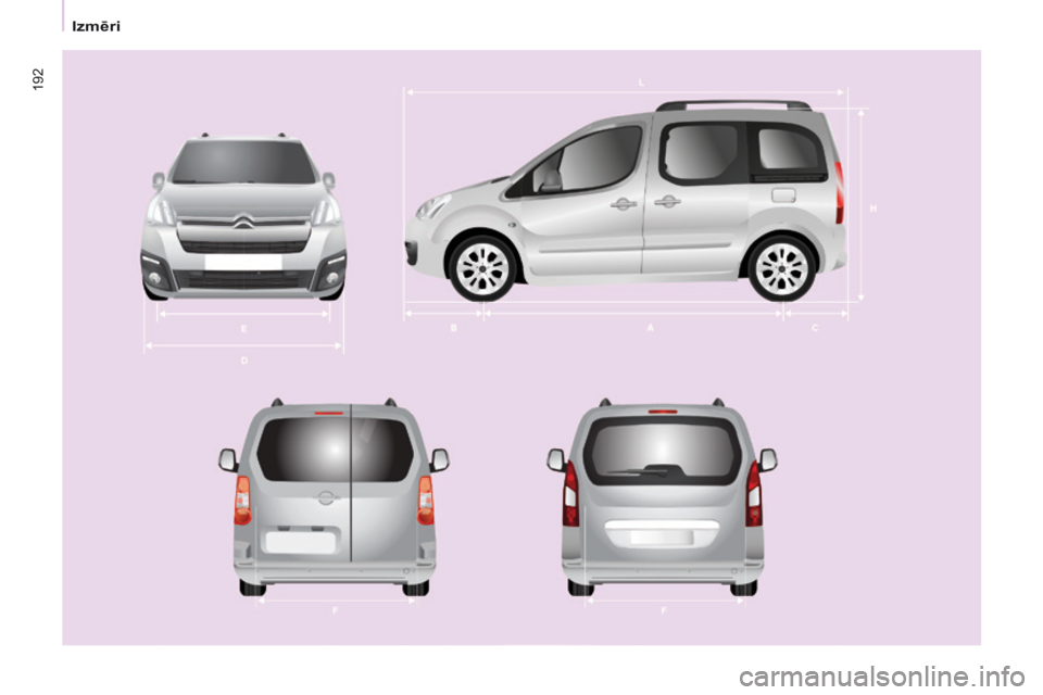 CITROEN BERLINGO MULTISPACE 2016  Lietošanas Instrukcija (in Latvian) 192
Berlingo-2-VP_lv_Chap09_Caract-technique_ed01-2016 
Izmēri  