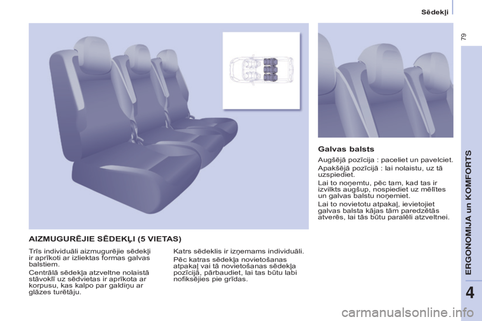 CITROEN BERLINGO MULTISPACE 2015  Lietošanas Instrukcija (in Latvian)  79
Berlingo-2-VP_lv_Chap04_Ergonomie_ed01-2015Berlingo-2-VP_lv_Chap04_Ergonomie_ed01-2015
AIZMUGURēJIE SēDEKļI (5 VIETAS)Galvas  balsts
Katrs sēdeklis ir izņemams individuāli.
Pēc katras sēde