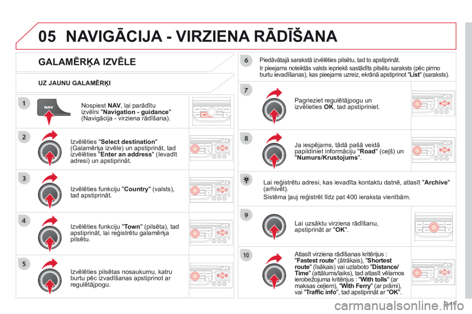 CITROEN BERLINGO MULTISPACE 2014 Lietošanas Instrukcija (in Latvian) 9.11
05
Nospiest N AV , lai parādītu izvēlni " Navigation - guidance " (Navigācija - virziena rādīšana).
UZ JAUNU GALAMĒRĶI
NAVIGĀCIJA - VIRZIENA RĀDĪŠANA
GALAMĒRĶA CITROEN BERLINGO MULTISPACE 2014 Lietošanas Instrukcija (in Latvian) 9.11
05
Nospiest N AV , lai parādītu izvēlni " Navigation - guidance " (Navigācija - virziena rādīšana).
UZ JAUNU GALAMĒRĶI
NAVIGĀCIJA - VIRZIENA RĀDĪŠANA
GALAMĒRĶA