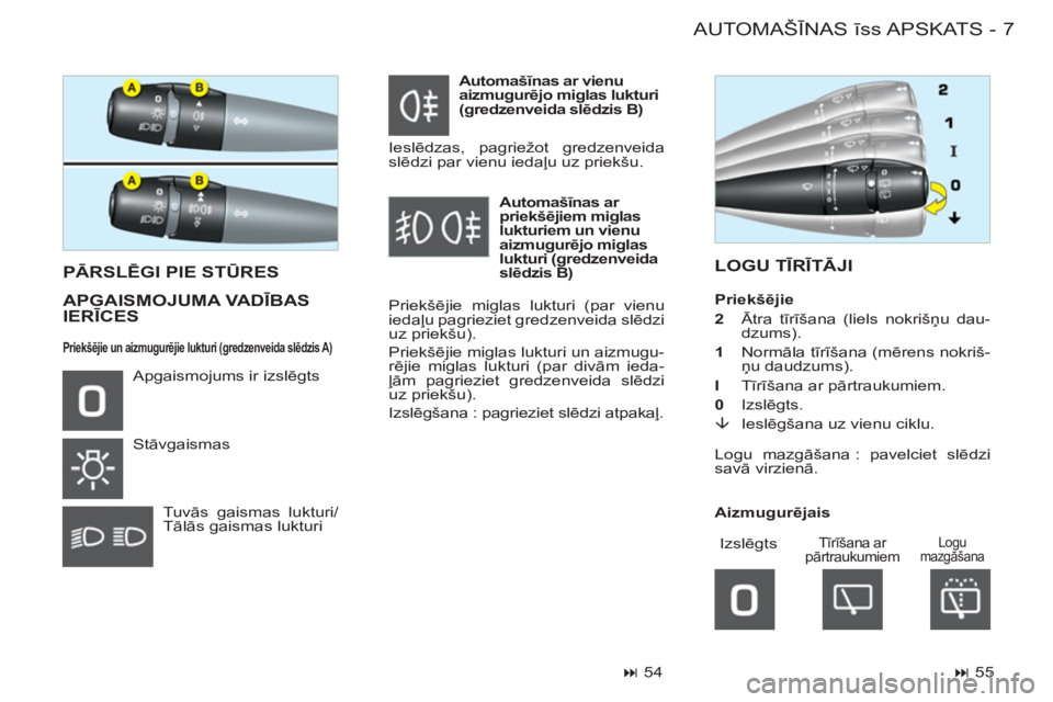 CITROEN BERLINGO FIRST 2011  Lietošanas Instrukcija (in Latvian) 7AUTOMAŠĪNAS īss APSKATS
-
LOGU TĪRĪTĀJI
  PĀRSLĒGI PIE STŪRES 
  APGAI
SMOJUMA VADĪBASIERĪCES 
Priekšējie miglas lukturi (par vienu 
iedaļu pagrieziet gredzenveida slēdzi 
uz priekšu 