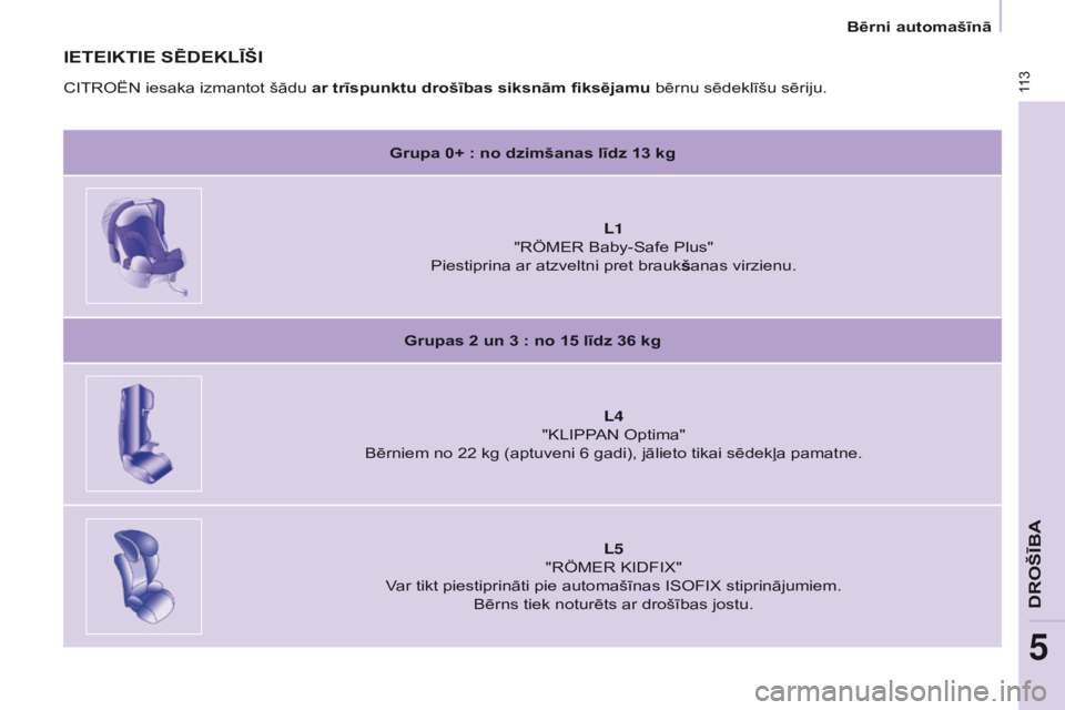 CITROEN BERLINGO ELECTRIC 2017 Lietošanas Instrukcija (in Latvian) 11 3
BERLINGO-2-VU_LV_CHAP05_SECURITE_ED01-2015
BERLINGO-2-VU_LV_CHAP05_SECURITE_ED01-2015
IETEIKTIE SēDEKLĪŠI
Grupa 0+ : no dzimšanas līdz 13 kgL1
"RÖMER Baby-Safe Plus"
Piestiprina a CITROEN BERLINGO ELECTRIC 2017 Lietošanas Instrukcija (in Latvian) 11 3
BERLINGO-2-VU_LV_CHAP05_SECURITE_ED01-2015
BERLINGO-2-VU_LV_CHAP05_SECURITE_ED01-2015
IETEIKTIE SēDEKLĪŠI
Grupa 0+ : no dzimšanas līdz 13 kgL1
"RÖMER Baby-Safe Plus"
Piestiprina a