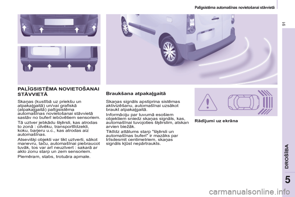 CITROEN BERLINGO ELECTRIC 2017 Lietošanas Instrukcija (in Latvian) 91
BERLINGO-2-VU_LV_CHAP05_SECURITE_ED01-2015
Skaņas (kustībā uz priekšu un
atpakaļgaitā) un/vai grafiskā
(atpakaļgaitā) palīgsistēma
automašīnas novietošanai stāvvietā
sastāv no CITROEN BERLINGO ELECTRIC 2017 Lietošanas Instrukcija (in Latvian) 91
BERLINGO-2-VU_LV_CHAP05_SECURITE_ED01-2015
Skaņas (kustībā uz priekšu un
atpakaļgaitā) un/vai grafiskā
(atpakaļgaitā) palīgsistēma
automašīnas novietošanai stāvvietā
sastāv no