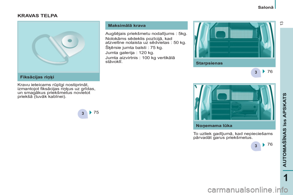 CITROEN BERLINGO ELECTRIC 2015  Lietošanas Instrukcija (in Latvian) 3
3
3
13
1
AUTOMAŠĪNAS īss APSKAT
S
 
 
 
Salonā 
 
 
 
KRAVAS TELPA 
 
 
Kravu ieteicams rūpīgi nostiprināt, 
izmantojot ﬁ ksācijas riņķus uz grīdas, 
un smagākus priekšmetus novietot 