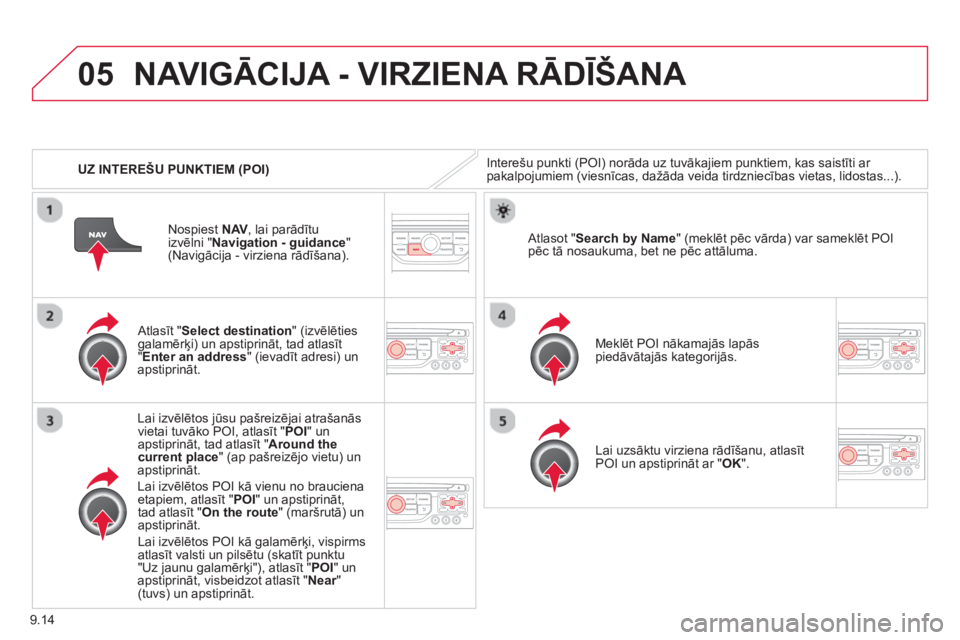 CITROEN BERLINGO ELECTRIC 2015 Lietošanas Instrukcija (in Latvian) 9.14
05
UZ INTEREŠU PUNKTIEM (POI)
NAVIGĀCIJA - VIRZIENA RĀDĪŠANA
Interešu punkti (POI) norāda uz tuvākajiem punktiem, kas saistīti ar pakalpojumiem (viesnīcas, dažāda veida tirdzniec CITROEN BERLINGO ELECTRIC 2015 Lietošanas Instrukcija (in Latvian) 9.14
05
UZ INTEREŠU PUNKTIEM (POI)
NAVIGĀCIJA - VIRZIENA RĀDĪŠANA
Interešu punkti (POI) norāda uz tuvākajiem punktiem, kas saistīti ar pakalpojumiem (viesnīcas, dažāda veida tirdzniec