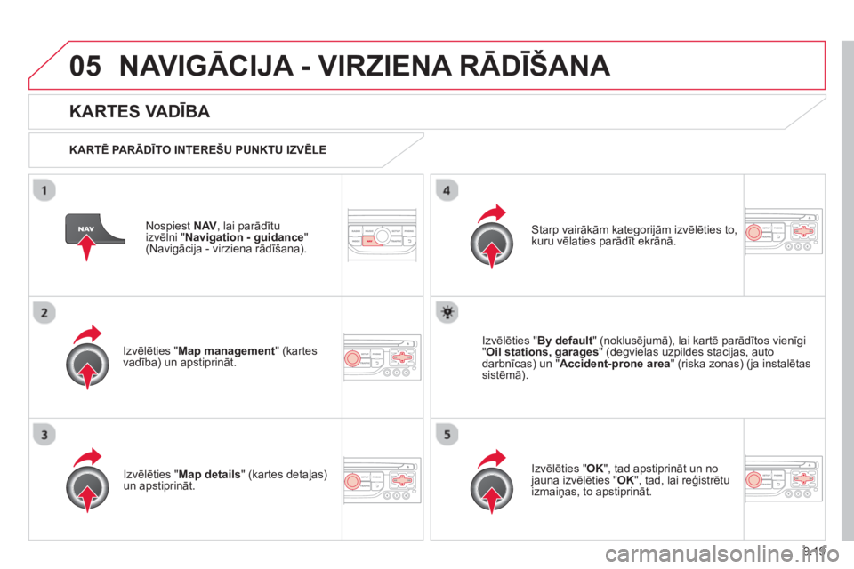 CITROEN BERLINGO ELECTRIC 2015 Lietošanas Instrukcija (in Latvian) 9.19
05NAVIGĀCIJA - VIRZIENA RĀDĪŠANA
Nospiest NAV, lai parādītu
izvēlni "Navigation - guidance"(Navigācija - virziena rādīšana).
KARTES VADĪBA
KARTĒ PA R ĀDĪTO INTEREŠU PUNKT CITROEN BERLINGO ELECTRIC 2015 Lietošanas Instrukcija (in Latvian) 9.19
05NAVIGĀCIJA - VIRZIENA RĀDĪŠANA
Nospiest NAV, lai parādītu
izvēlni "Navigation - guidance"(Navigācija - virziena rādīšana).
KARTES VADĪBA
KARTĒ PA R ĀDĪTO INTEREŠU PUNKT